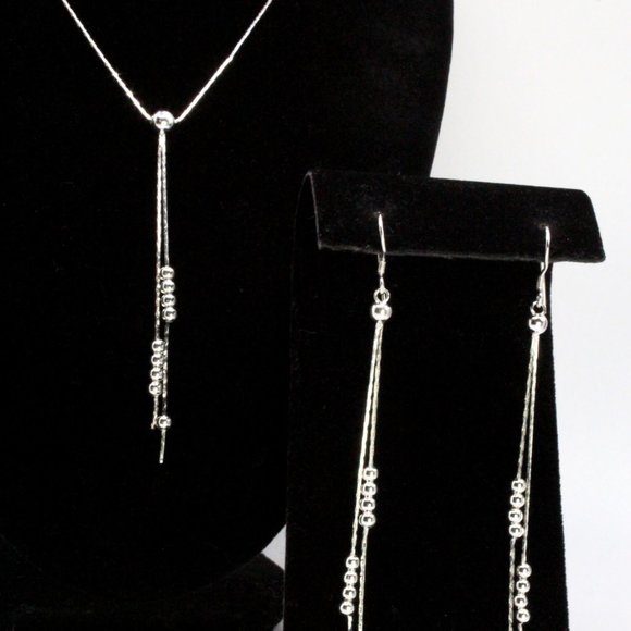 Contemporary New Sterling Silver Textured Drop Round Bead Dainty Necklace Set - Picture 3 of 9